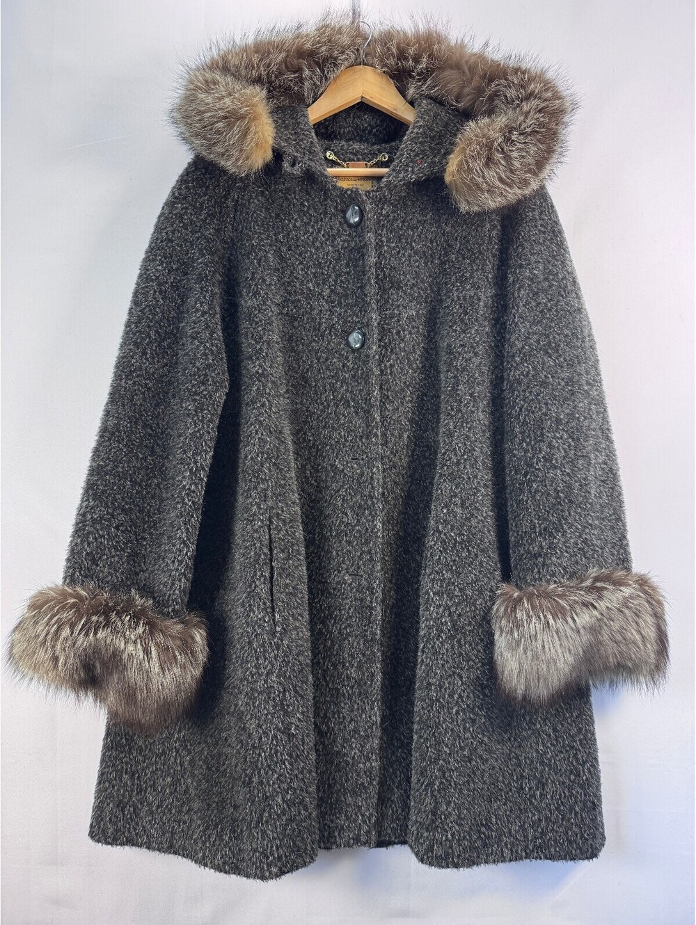 Vintage Designer Alpaca Mohair Virgin Wool Fox Fur Hood Swing Coat Womens 16